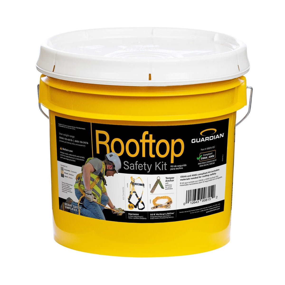 Guardian 00805 Rooftop Safety Kit with 25 ft Vertical Lifeline 5 Point Harness and Temper Anchor - 5
