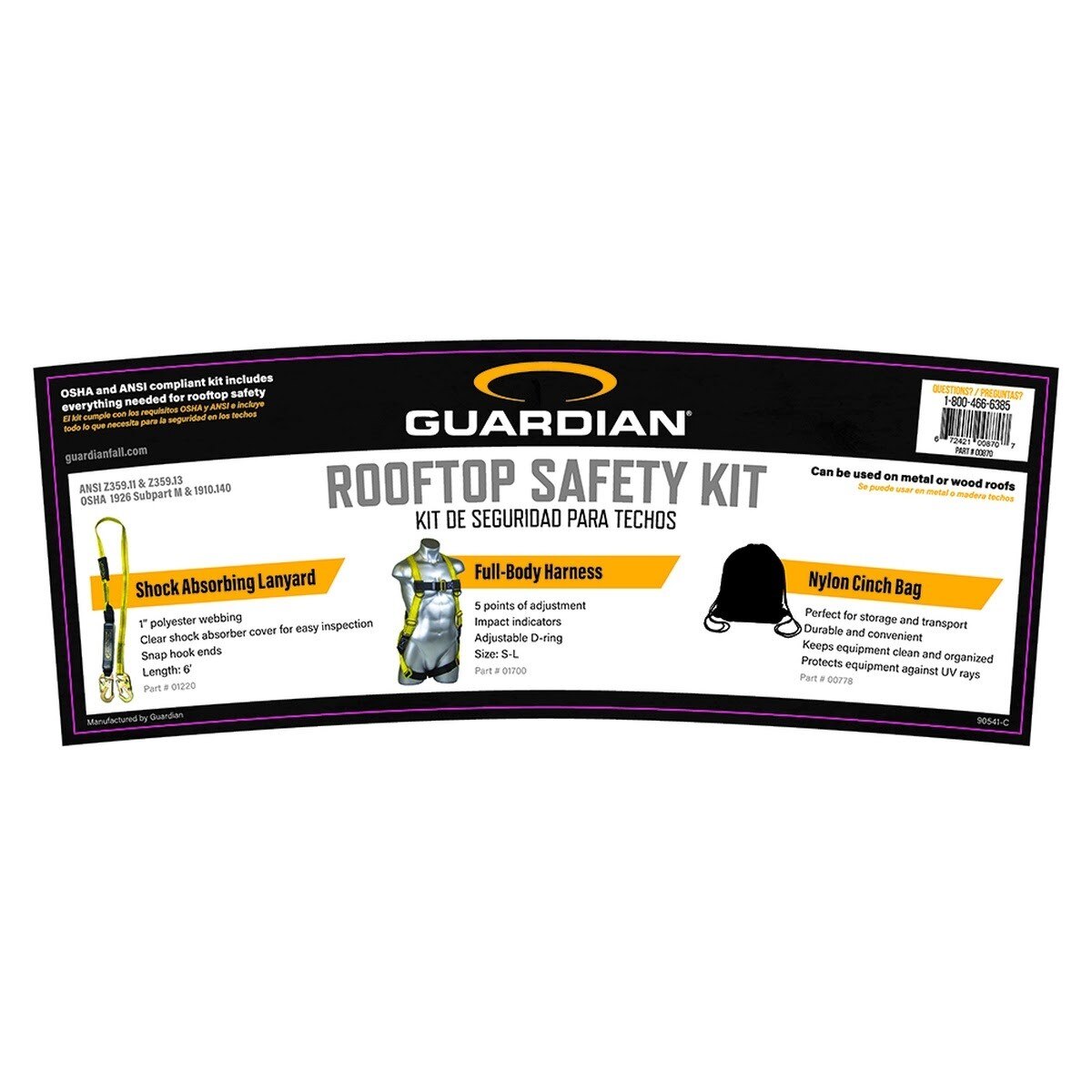 Guardian 00870 Rooftop Safety Kit with Harness and 6 ft Lanyard, Nylon Cinch Bag (1 Kit)